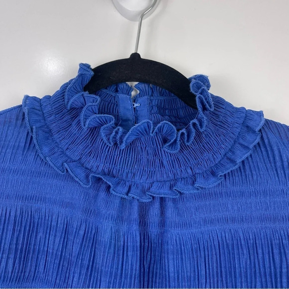 TOPSHOP Mock Neck Long Sleeve Ruffle Plisse Top Blue Size US 4 - Picture 4 of 12